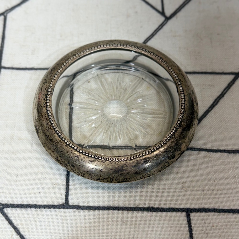 Frank M. Whiting Coaster 4in Silver Sterling Glass Starburst Beaded Rim 05